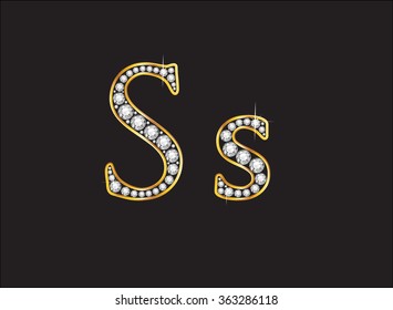 Ss in stunning diamond precious round jewels set into a 2-level gold gradient channel setting, isolated on black. Vector EPS-10 file, transparency used. 