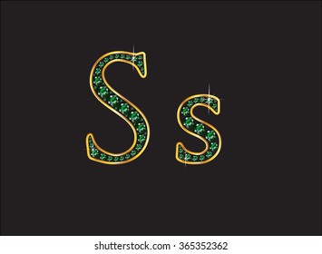 Ss in stunning emerald precious round jewels set into a 2-level gold gradient channel setting, isolated on black. Vector EPS-10 file, transparency used. 