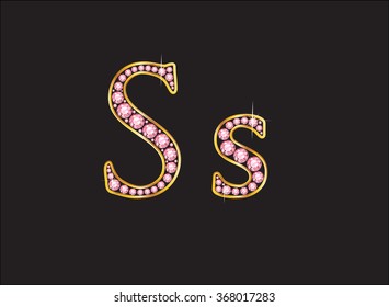 Ss in stunning rose quartz semi-precious round jewels set into a 2-level gold gradient channel setting, isolated on black. Vector EPS-10 file, transparency used. 