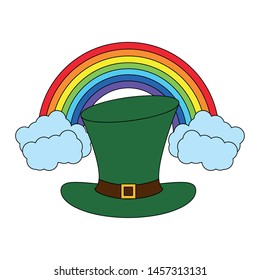 Ssaint Patrick's day irish tradition leprechaun hat with rainbow cartoon vector illustration.