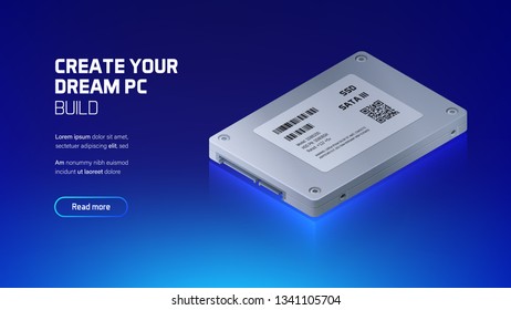 SSD 2.5" disk realistic 3d isometric illustration, personal computer hardware components, custom gaming and workstation accessories, pc store and service