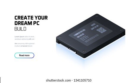 SSD 2.5" disk realistic 3d isometric illustration, personal computer hardware components, custom gaming and workstation accessories, pc store and service