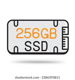 SSD 256GB memory outline icon with shadow on white background