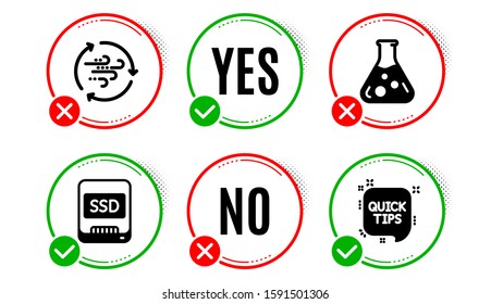 Ssd, Chemistry lab and Wind energy icons simple set. Yes no check box. Quick tips sign. Memory disk, Laboratory, Breeze power. Helpful tricks. Science set. Ssd icon. Check mark. Vector