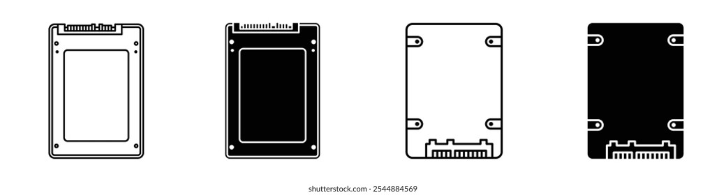 Colección de ícono de unidad SSD en estilo de Vector sólido y relleno en blanco y negro.