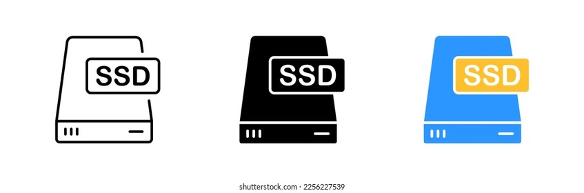 Ssd drive icon set. Storage device, data, speed, reading, writing, progress, characteristics, price, file system, memory. Technology concept. Vector line icon in different styles