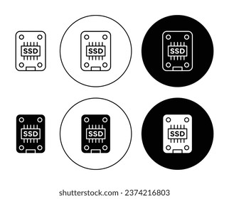 Conjunto de iconos de signo de la unidad Ssd. Símbolo vectorial de la unidad de estado sólido del equipo. Símbolo de memoria de capacidad de almacenamiento en un estilo con relleno negro y delineado.