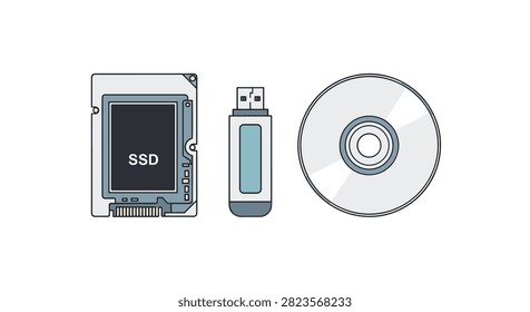 SSD drive, USB flash drive, and optical disc, computer storage media, data backup hardware, white background.