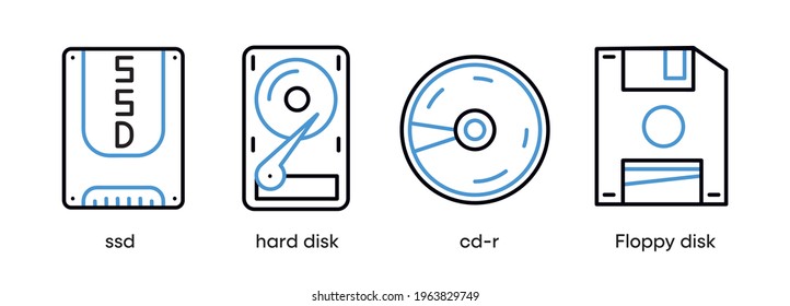 SSD, Festplatte, cd-r und Diskettensymbol gesetzt. Dieses Symbol ist das Symbol für Computerteile. Farbiges Scheibensymbol. Bearbeitbarer Stroke. Logo, Web und App.