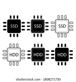 SSD and HDD icon. Accumulative disk for storing information. Removable slot, card with additional memory. Vector image.
