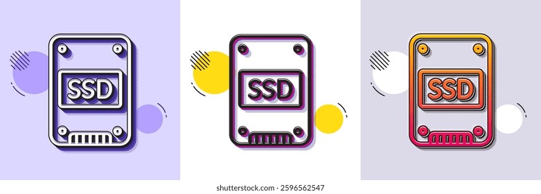 SSD icon. Halftone dotted pattern. Gradient icon with grain shadow. Solid-state drive sign. Storage disk symbol. Line sSD icon. Various designs. Vector