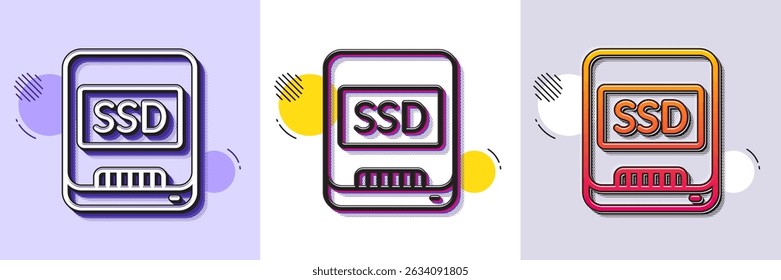 Ssd line icon. Halftone dotted pattern. Gradient icon with grain shadow. Computer memory component sign. Data storage symbol. Line ssd icon. Various designs. Vector