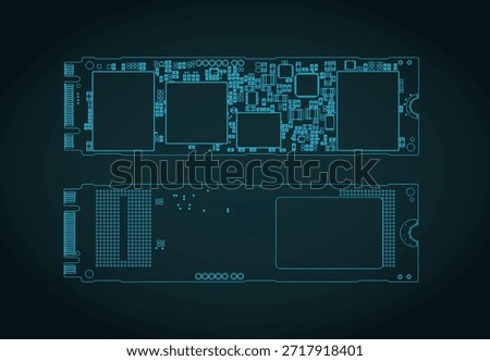 SSD m2 blueprints stylized vector illustration