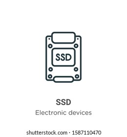 Ssd outline vector icon. Thin line black ssd icon, flat vector simple element illustration from editable electronic devices concept isolated on white background
