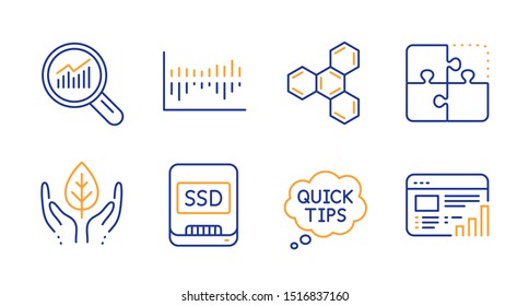 Ssd, Puzzle and Column diagram line icons set. Quick tips, Data analysis and Chemical formula signs. Fair trade, Web report symbols. Memory disk, Engineering strategy. Science set. Vector