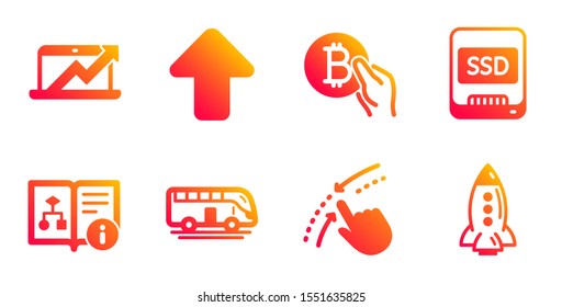 Ssd, Sales diagram and Bus tour line icons set. Upload, Bitcoin pay and Technical algorithm signs. Swipe up, Rocket symbols. Memory disk, Sale growth chart. Technology set. Vector