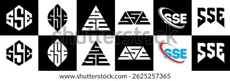 SSE letter logo design in six style. SSE polygon, circle, triangle, hexagon, flat and simple style with black and white color variation letter logo set in one artboard. SSE minimalist and classic logo