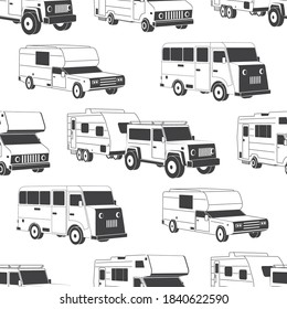 Sseamless pattern with camper vans silhouettes. Vector illustration. Background, wallpaper, seamless pattern with motorhome and rv cars