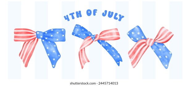 sset of 4th of July Coquette stars and stripes ribbon Bows Watercolor vector illustration.