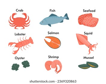 Sset of seafood concept. Fish and crab, salmon slice. Natural and organic products with protein. Cafe or restaurant menu. Cartoon flat vector collection isolated on white background