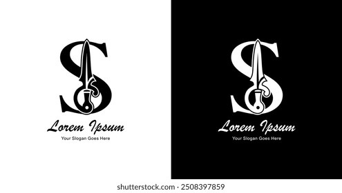 Diseño de logotipo en forma de S combinado con una espada
