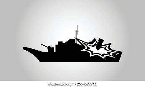 sSilhouette of a warship exploded by a missile, suitable for use in war memorial events