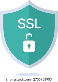 Icono de escudo de conexión de certificado SSL, Vector de seguridad plano de candado desbloqueado