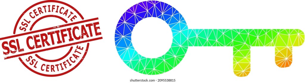 SSL Certificate corroded badge and low-poly spectrum colored key icon with gradient. Red seal includes SSL CERTIFICATE title inside circle and lines form. Triangulated key polygonal icon illustration.