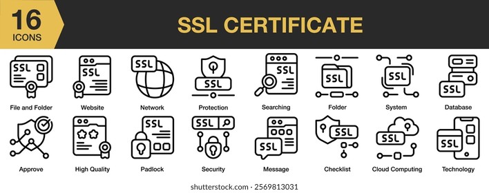 SSL Certificate icon set. Includes security, ssl, certificate, safe, web, and More. Outline icons vector collection.