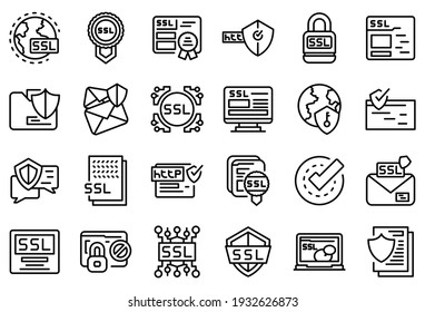 SSL certificate icons set. Outline set of SSL certificate vector icons for web design isolated on white background