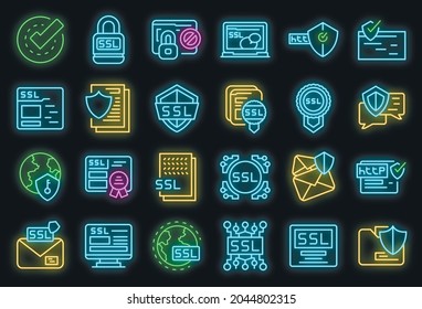 SSL certificate icons set. Outline set of SSL certificate vector icons neon color on black