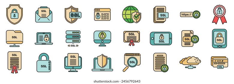 Los iconos de certificado SSL establecen el Vector de esquema. Seguridad SSL. Escanear virus de línea fina de color plana en blanco