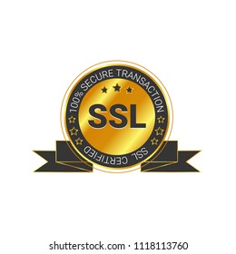 SSL Certified/certificate 100% secure transaction with encryption. illustration ssl certificate, ssl secured, ssl shield symbols, protected safe data. with ribbon, gold style & black color