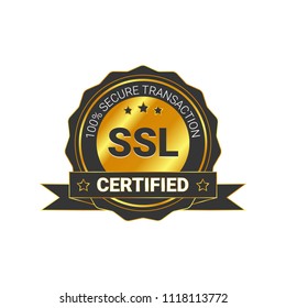 SSL Certified/certificate 100% secure transaction with encryption. illustration ssl certificate, ssl secured, ssl shield symbols, protected safe data. with ribbon, gold style & black color