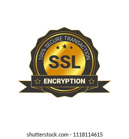 SSL Certified/certificate 100% secure transaction with encryption. illustration ssl certificate, ssl secured, ssl shield symbols, protected safe data. with ribbon, gold style & black color