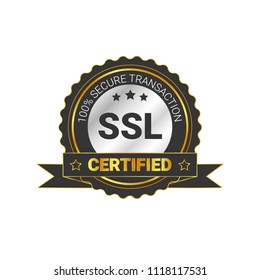 SSL Certified/certificate 100% secure transaction with encryption. illustration ssl certificate, ssl secured, ssl shield symbols, protected safe data. with ribbon, silver style, gold & black color