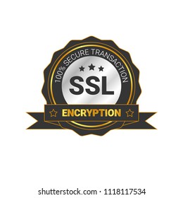 SSL Certified/certificate 100% secure transaction with encryption. illustration ssl certificate, ssl secured, ssl shield symbols, protected safe data. with ribbon, silver style, gold & black color