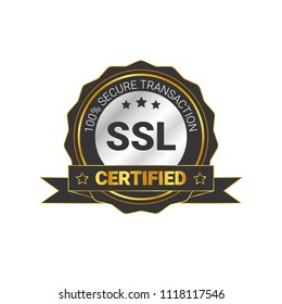 SSL Certified/certificate 100% secure transaction with encryption. illustration ssl certificate, ssl secured, ssl shield symbols, protected safe data. with ribbon, silver style, gold & black color