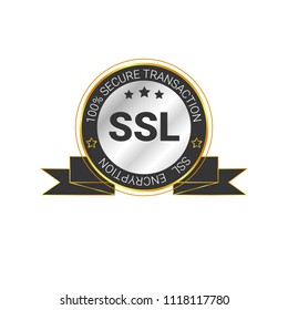 SSL Certified/certificate 100% secure transaction with encryption. illustration ssl certificate, ssl secured, ssl shield symbols, protected safe data. with ribbon, silver style, gold & black color