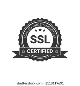 SSL Certified/certificate 100% secure transaction with encryption. illustration ssl certificate, ssl secured, ssl shield symbols, protected safe data. with ribbon, black & white style / monochrome