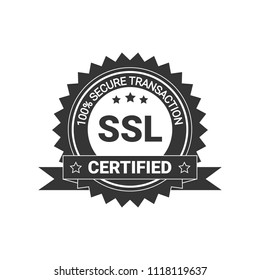 SSL Certified/certificate 100% secure transaction with encryption. illustration ssl certificate, ssl secured, ssl shield symbols, protected safe data. with ribbon, black & white style / monochrome