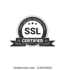 SSL Certified/certificate 100% secure transaction with encryption. illustration ssl certificate, ssl secured, ssl shield symbols, protected safe data. with ribbon, black & white style / monochrome