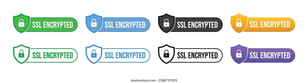 SSL Encrypted Label, Badge, Sticker, Stamp, Imprint, Seal Template of shield with lock icon suitable for secured data transmission of sensitive data over internet. Vector Illustration.