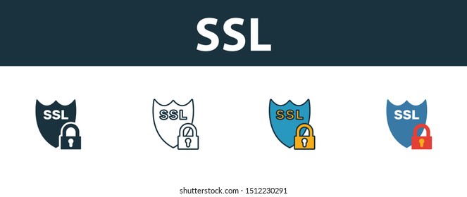 Ssl icon set. Four elements in diferent styles from web hosting icons collection. Creative ssl icons filled, outline, colored and flat symbols.