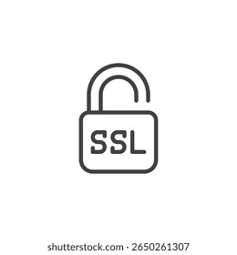 Ícone de linha de cadeado SSL no estilo de vetor de estrutura de tópicos. Representa um cadeado bloqueado com texto SSL, representando a segurança do site. Um ícone de proteção e símbolo seguro para comércio eletrônico.