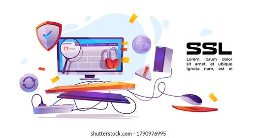 SSL, secure certificate of website banner. Concept of safety internet technology, data encryption protocol. Vector cartoon illustration with browser on computer screen, shield with tick and padlock