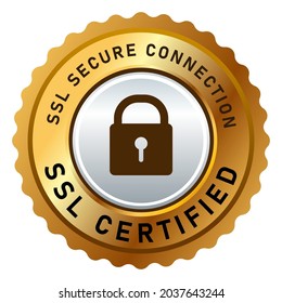 SSL secure connection certified stamp label sticker vector isolated design in golden and silver padlock logo