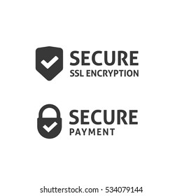 SSL Secure Https Certificate Connection Icon Vector Illustration Isolated, Black And White Secured Shield And Padlock Web Symbols, Protected Payment Idea, Safe Data Encryption Technology, Privacy Sign