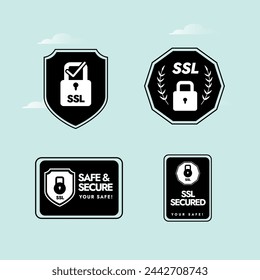 SSL. Secure sockets layer. SSL icons, tags, stickers, stamps, labels, emblems in four different designs and shapes with padlock in black and white colour with cyan background. Safe and secure website.