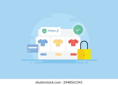 SSL security for eCommerce website, SSL security protecting customer financial data, eCommerce security, Secure checkout payment system - vector illustration banner with icons